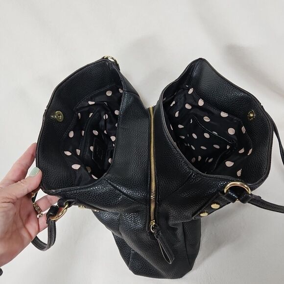 ANNE KLEIN  BLACK PEBBLE Faux LEATHER TOTE Goldtone 3Zip Sections  Medium Size - Picture 7 of 13